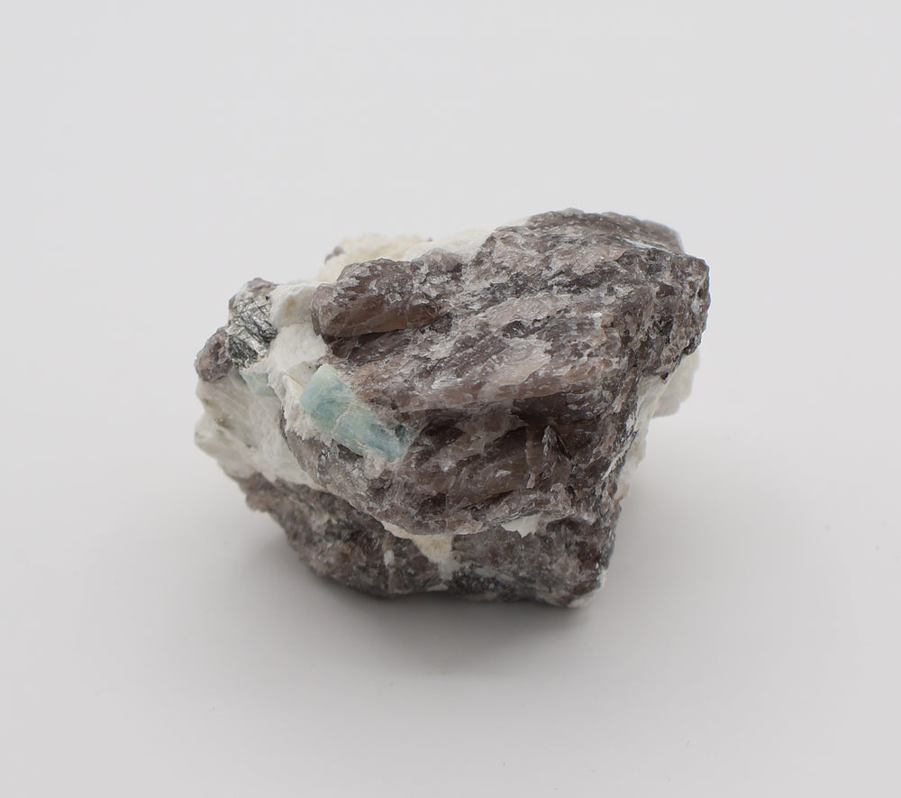 Aquamarine with Mica on Smoky Quartz and Feldspar