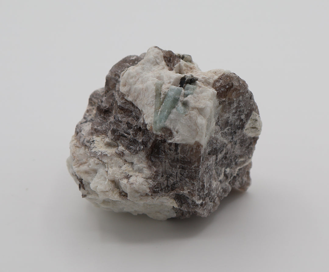 Aquamarine with Mica on Smoky Quartz and Feldspar