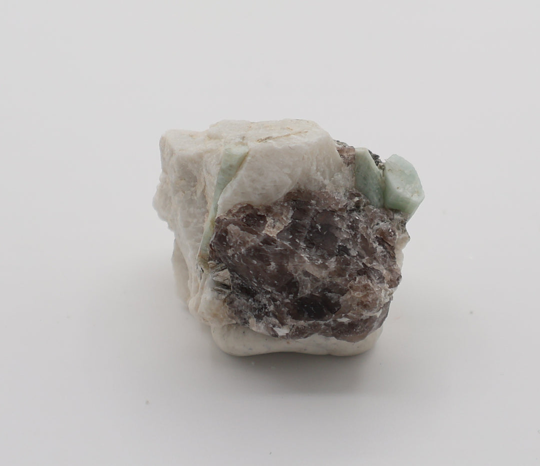 Aquamarine with Mica, Hematite, on Smoky Quartz and Feldspar