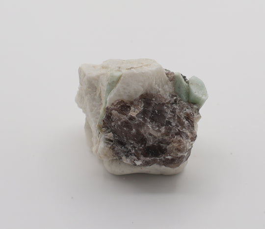 Aquamarine with Mica, Hematite, on Smoky Quartz and Feldspar