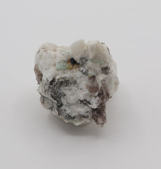 Aquamarine and Bi-Colour Beryl with Hematite, Mica, Smoky Quartz, on Feldspar
