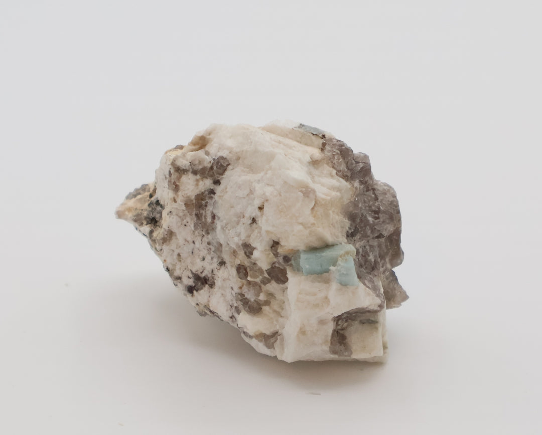 Aquamarine with Mica on Smoky Quartz and Feldspar