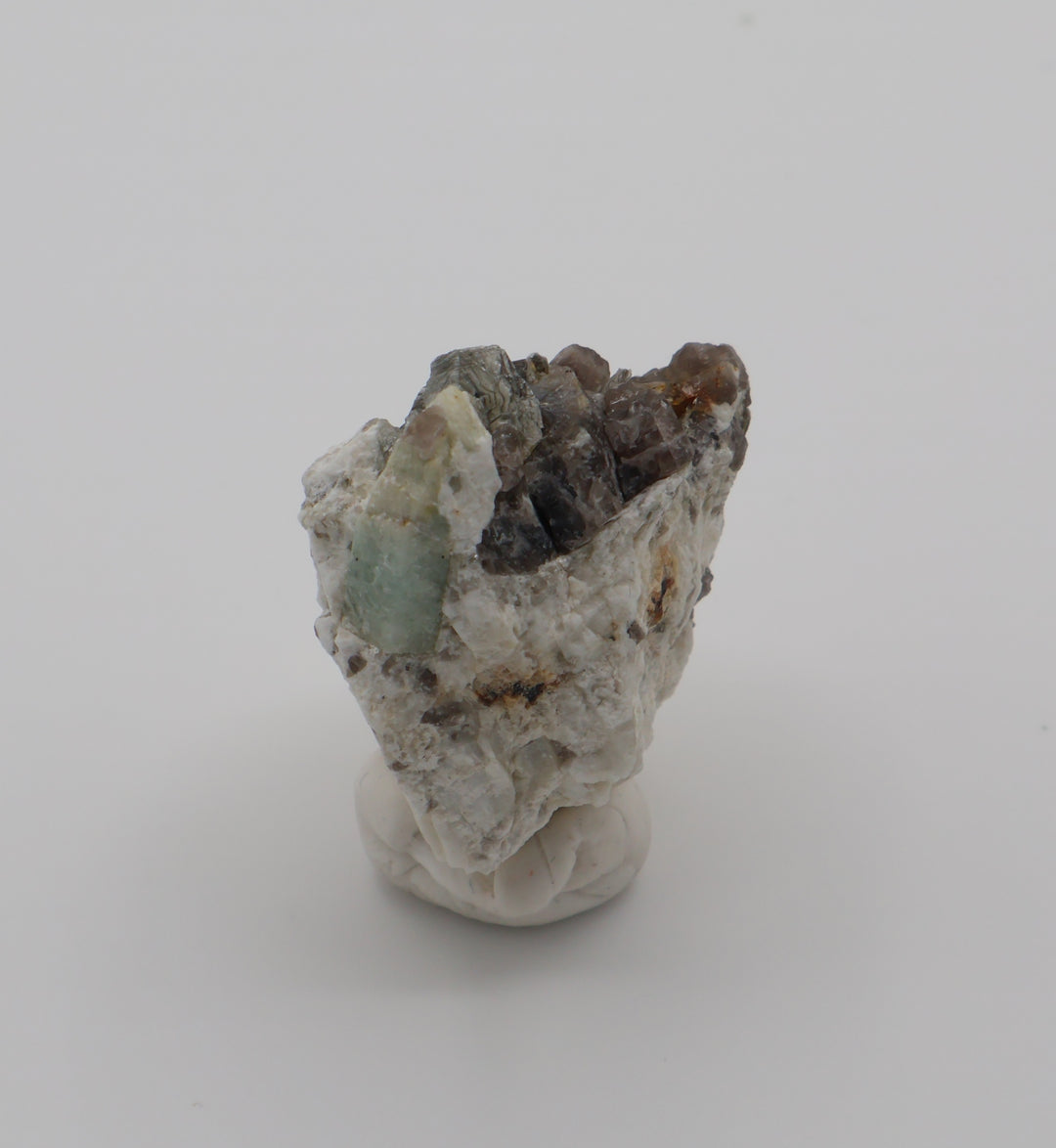 Aquamarine with Mica on Smoky Quartz and Feldspar