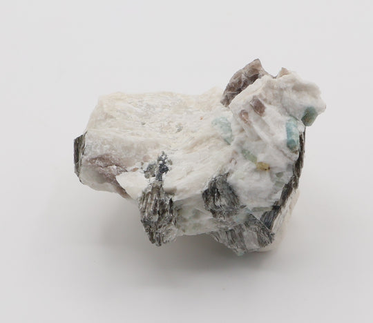 Aquamarine and Bi-Colour Beryl with Mica, Smoky Quartz, on Feldspar