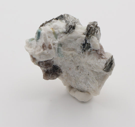 Aquamarine and Bi-Colour Beryl with Mica, Smoky Quartz, on Feldspar