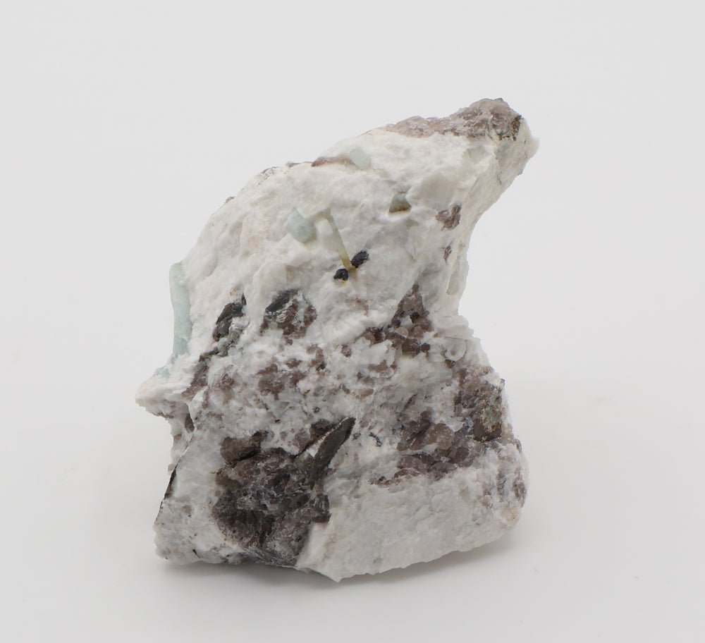 Aquamarine and Bi-Colour Beryl with Hematite, Mica, Smoky Quartz, on Feldspar