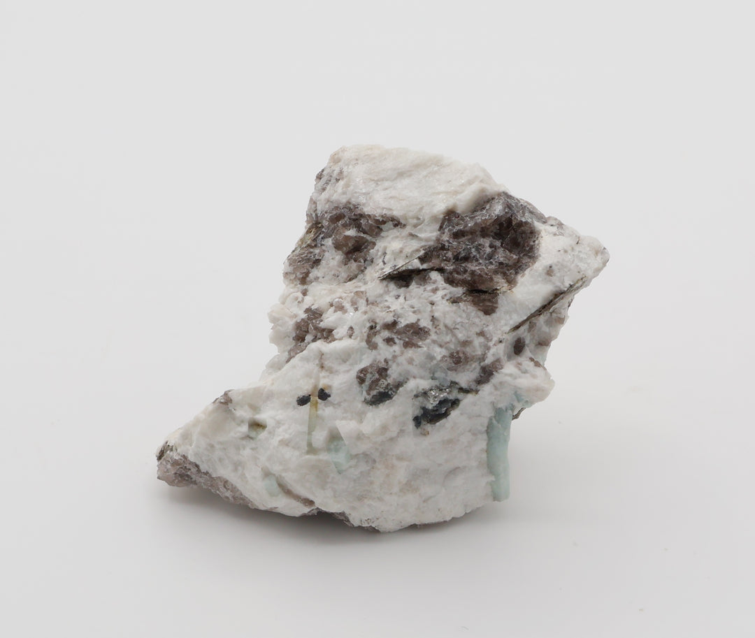 Aquamarine and Bi-Colour Beryl with Hematite, Mica, Smoky Quartz, on Feldspar