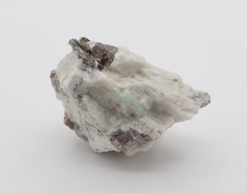 Aquamarine with Mica on Smoky Quartz and Feldspar