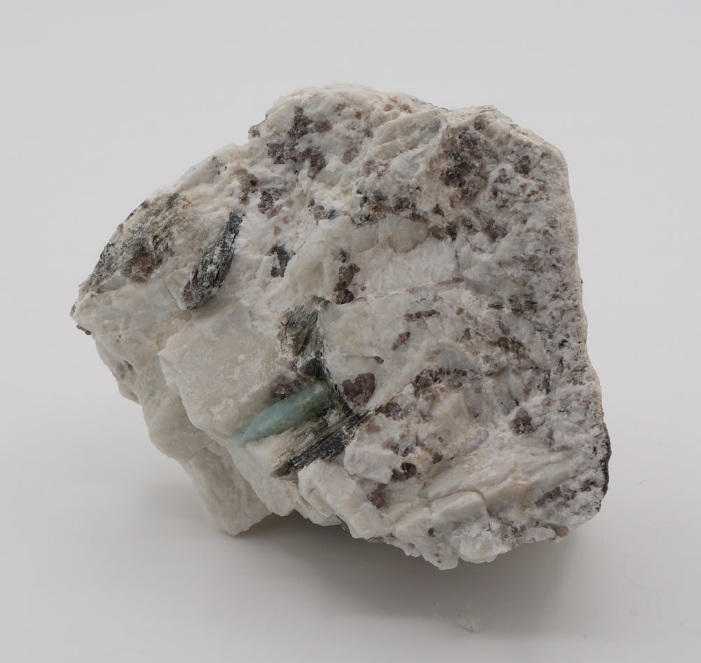 Aquamarine with Mica on Smoky Quartz and Feldspar