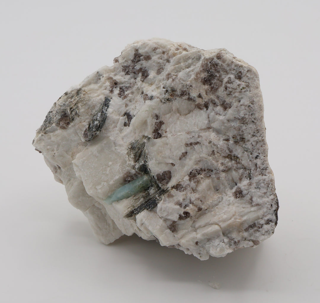 Aquamarine with Mica on Smoky Quartz and Feldspar