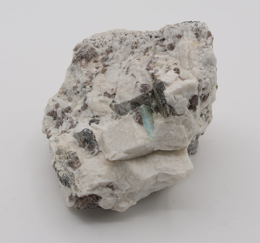 Aquamarine with Mica on Smoky Quartz and Feldspar