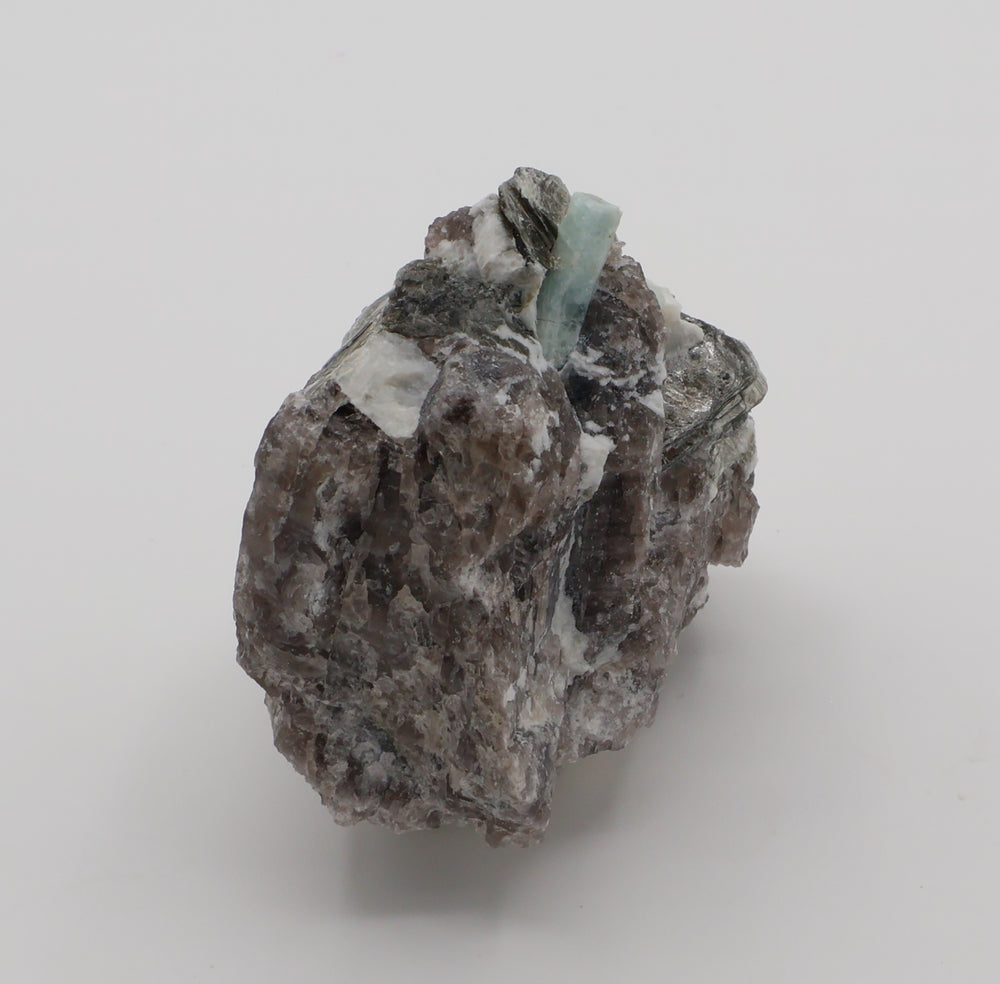 Aquamarine with Mica on Smoky Quartz and Feldspar