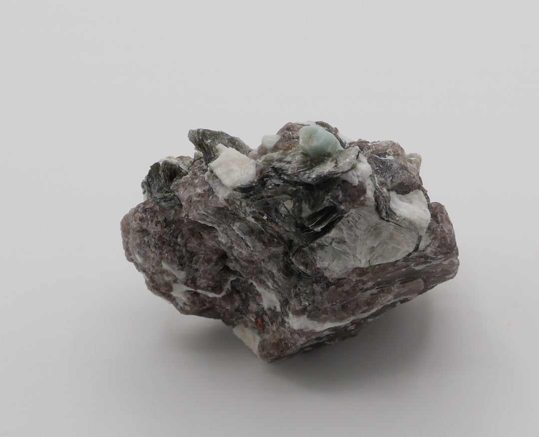 Aquamarine with Mica on Smoky Quartz and Feldspar