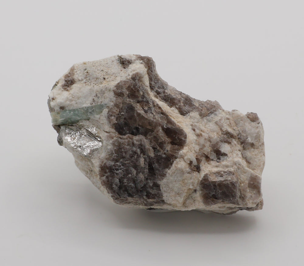 Aquamarine with Mica on Smoky Quartz and Feldspar