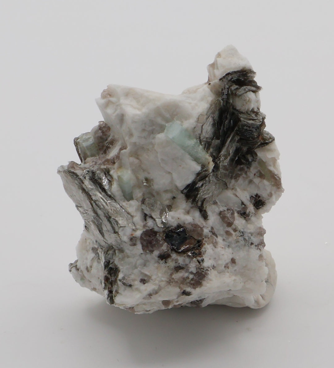 Aquamarine with Mica on Smoky Quartz and Feldspar
