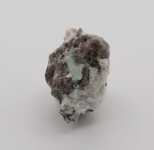 Aquamarine and Spessartine Garnet with Mica, on Smoky Quartz and Feldspar