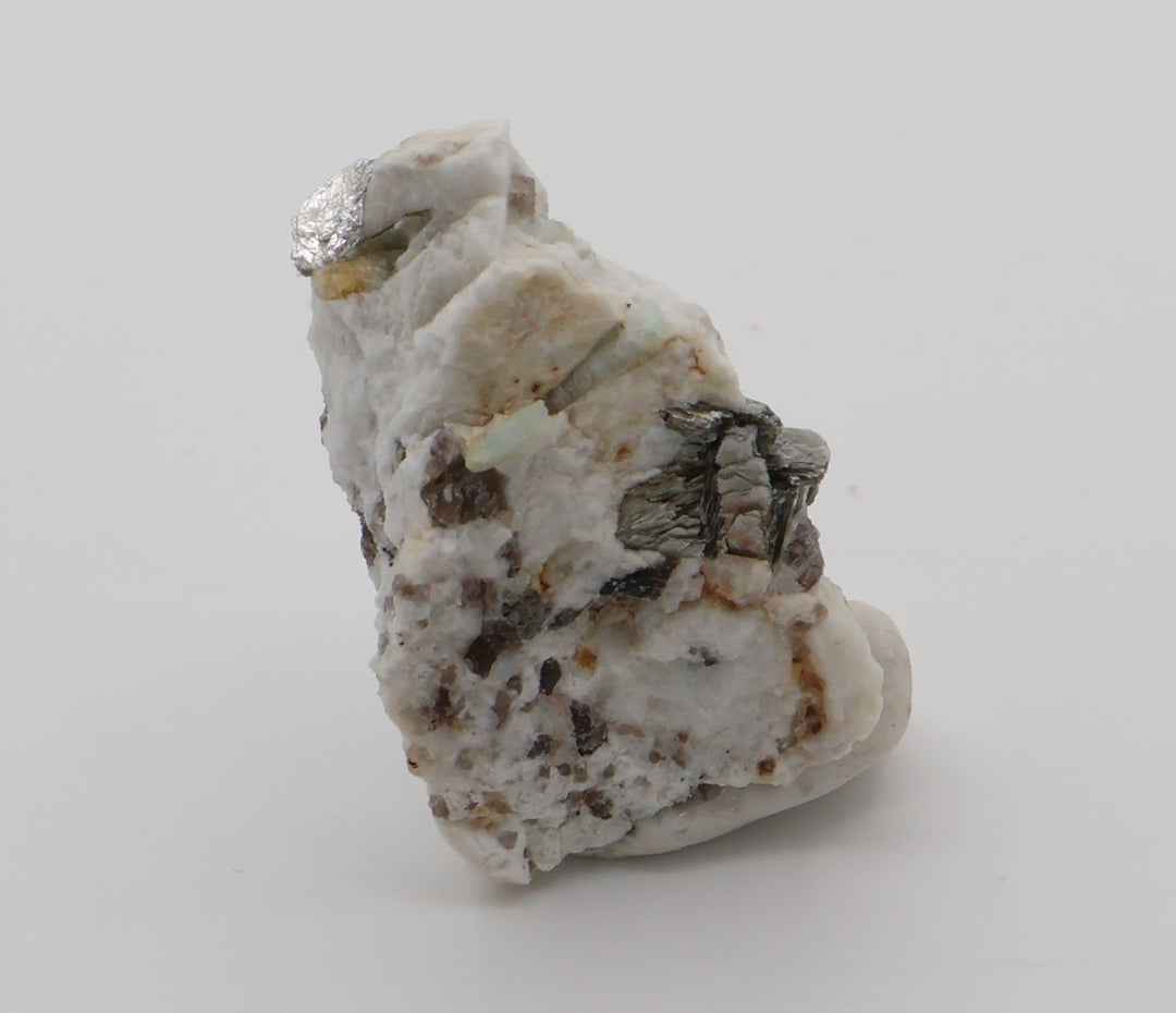 Aquamarine and Bi-Colour Beryl with Mica on Smoky Quartz and Feldspar