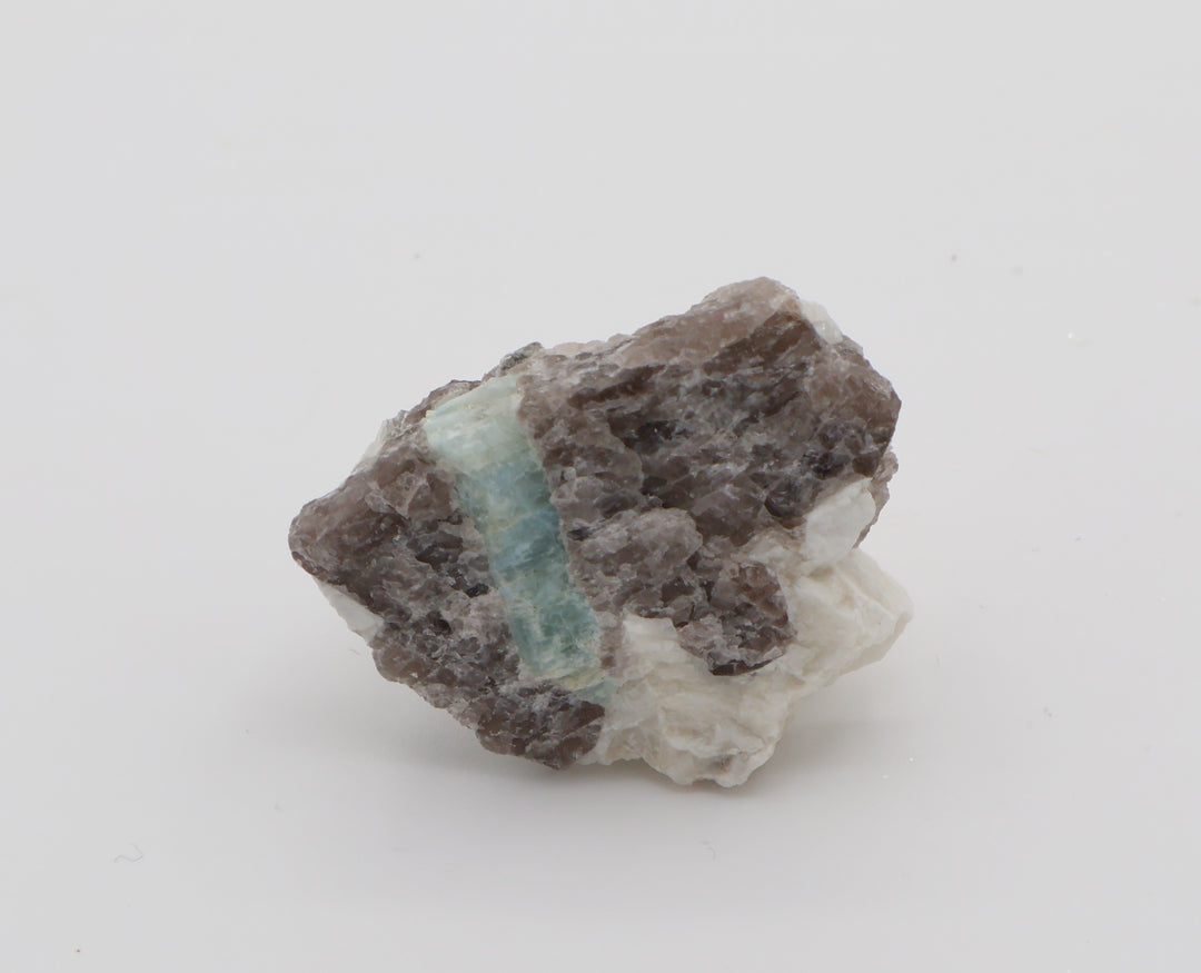 Aquamarine with Mica on Smoky Quartz and Feldspar