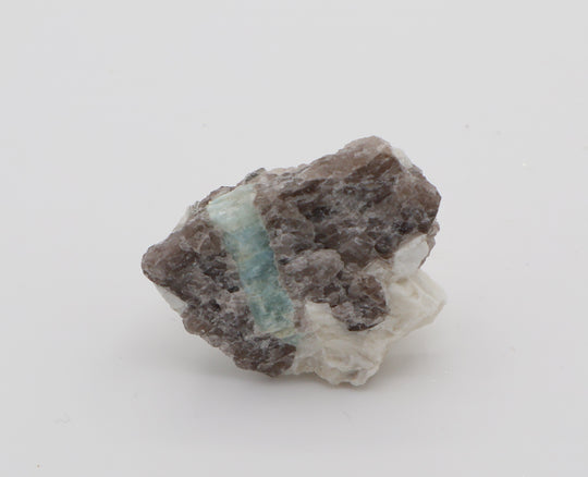 Aquamarine with Mica on Smoky Quartz and Feldspar