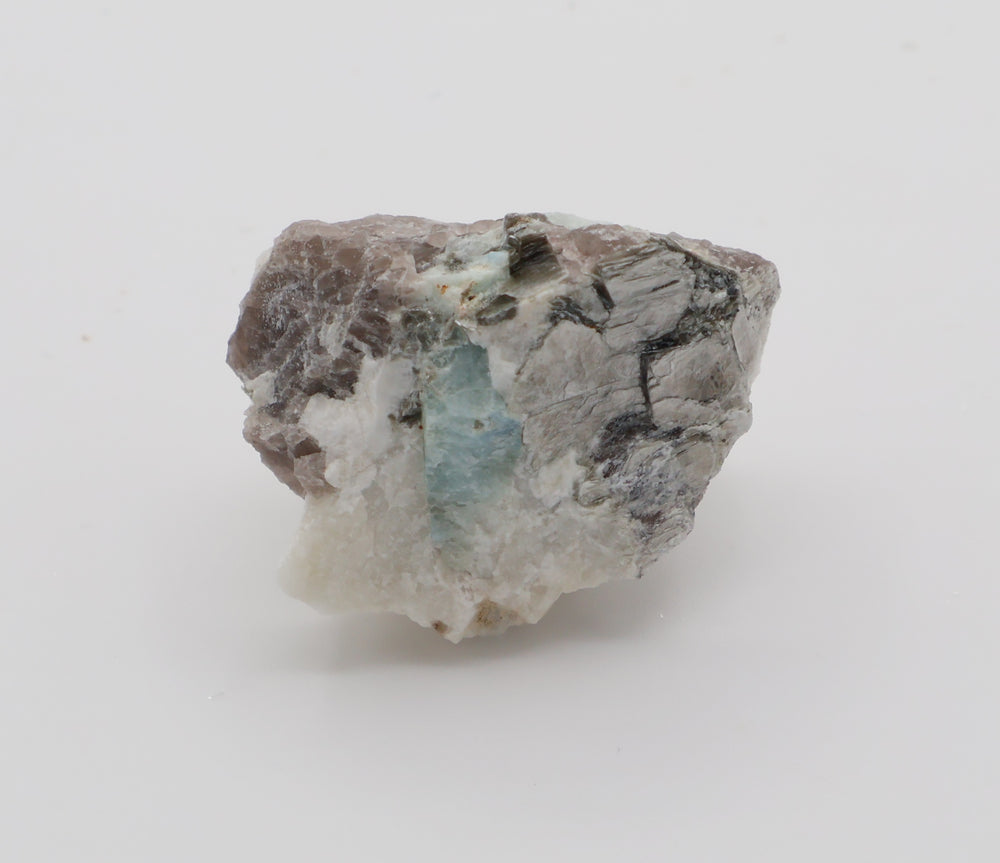 Aquamarine with Mica on Smoky Quartz and Feldspar