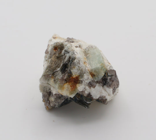 Aquamarine and Heliodor with Mica and Smoky Quartz on Feldspar