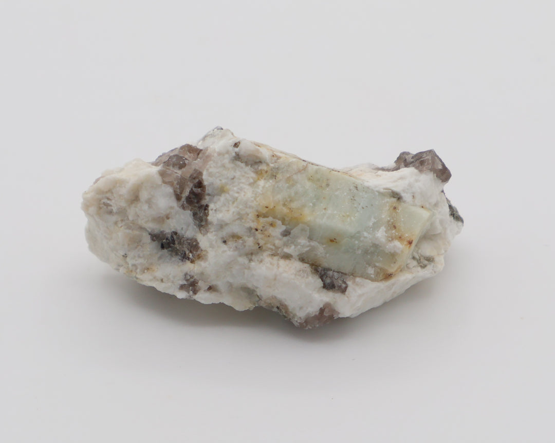 Aquamarine with Mica on Smoky Quartz and Feldspar