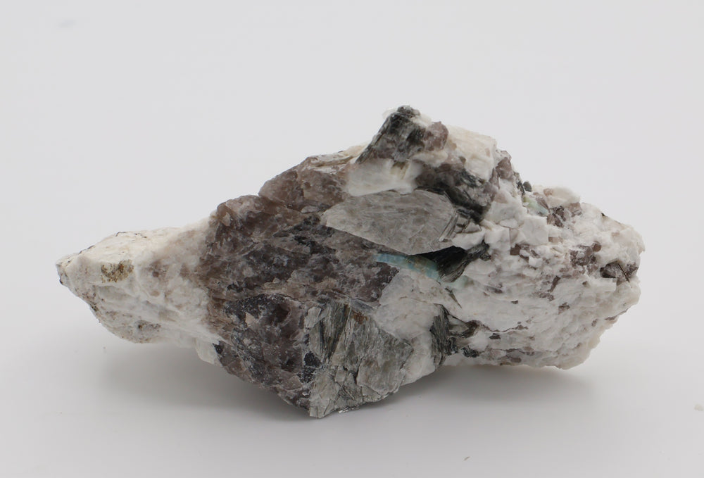 Aquamarine with Mica on Smoky Quartz and Feldspar