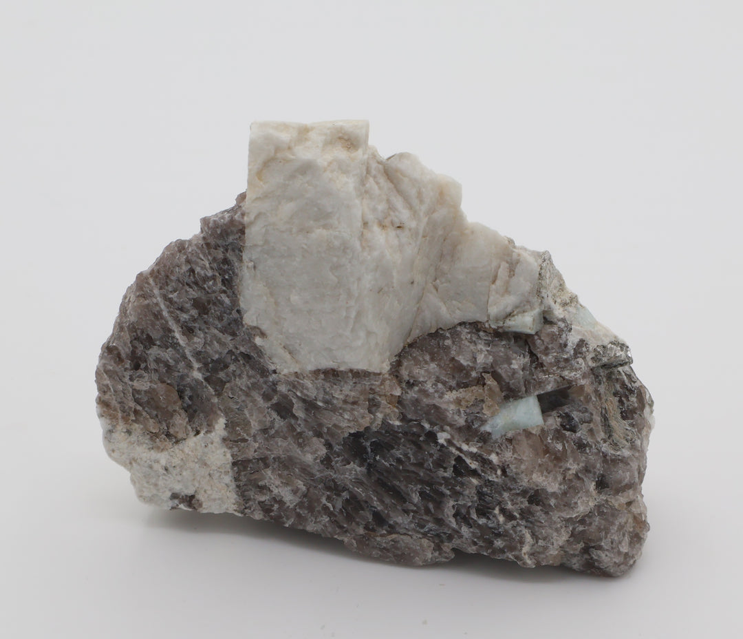 Aquamarine with Mica on Smoky Quartz and Feldspar