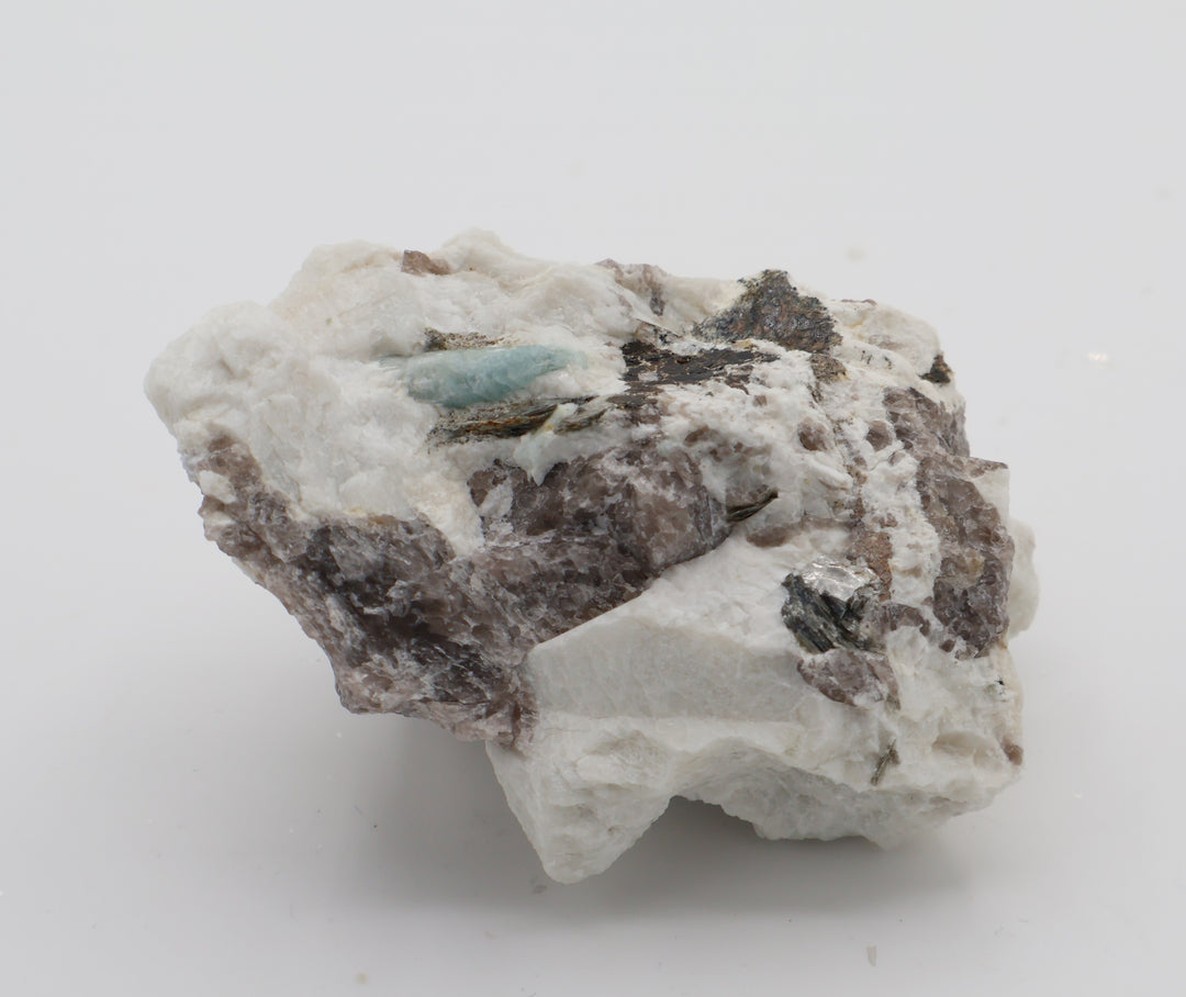 Aquamarine with Mica on Smoky Quartz and Feldspar