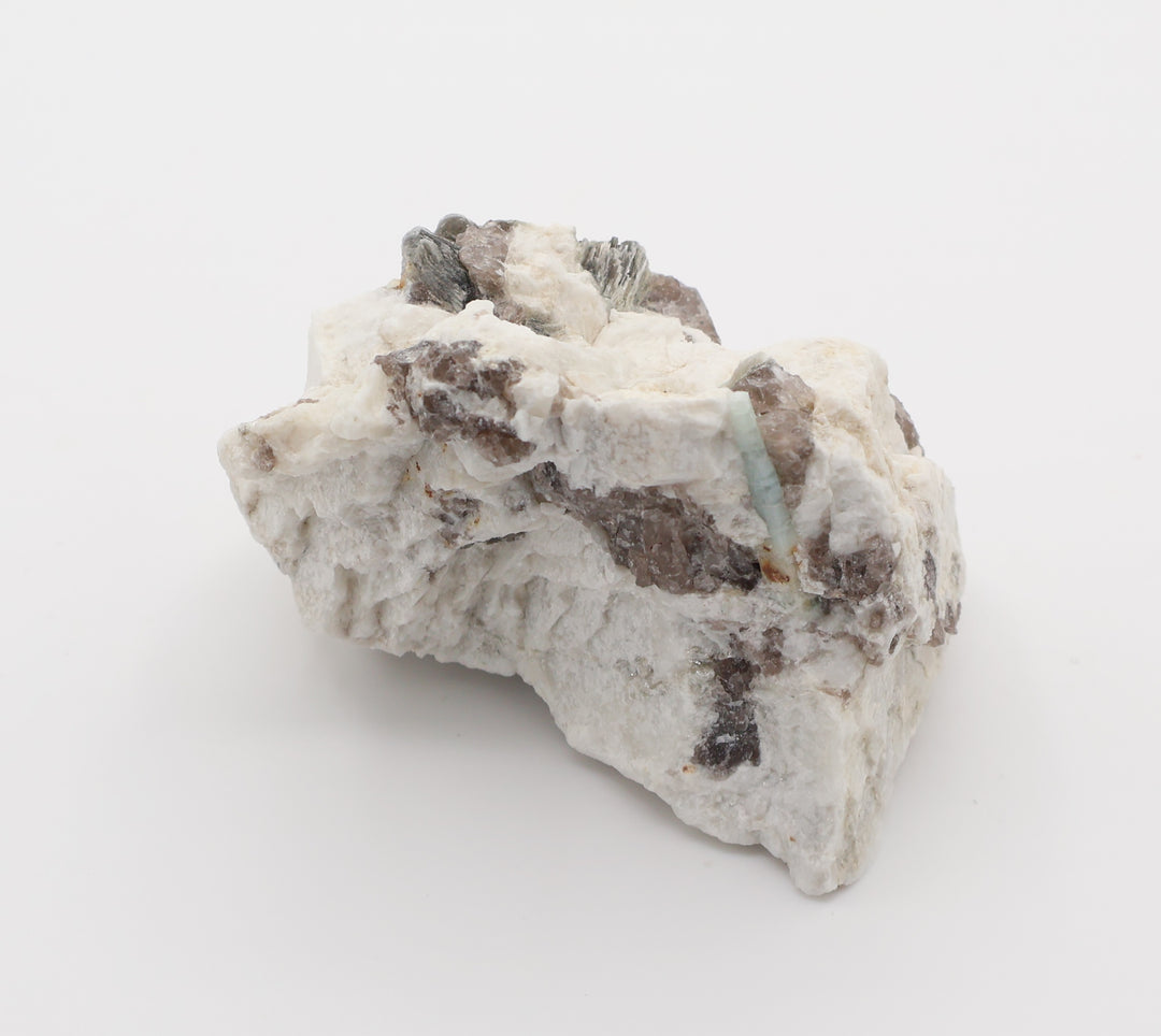 Aquamarine with Mica on Smoky Quartz and Feldspar