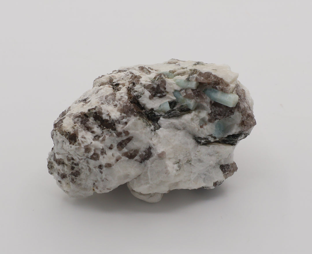 Aquamarine Cluster with Bi-Colour Beryl, Hematite, Mica, on Smoky Quartz and Feldspar