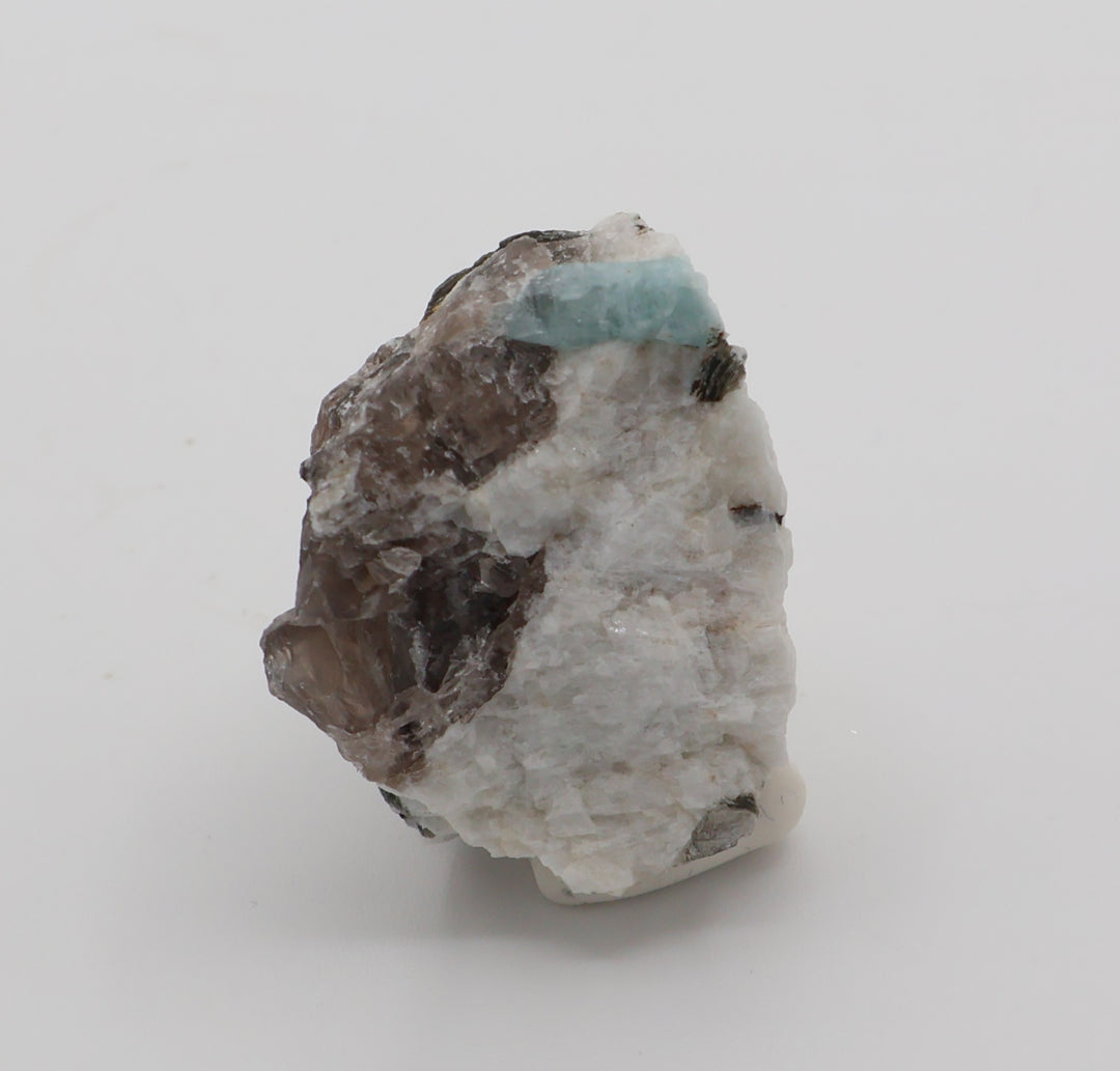 Aquamarine with Mica on Smoky Quartz and Feldspar