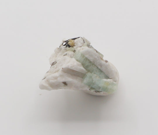 Aquamarine and Heliodor with Mica, Hematite, on Feldspar