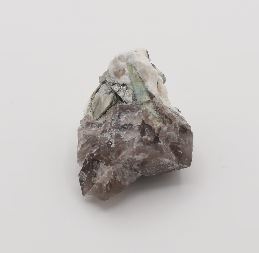 Aquamarine with Mica on Smoky Quartz and Feldspar