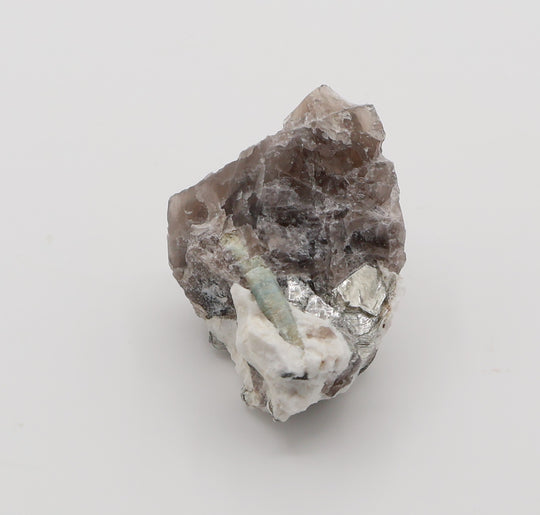 Aquamarine with Mica on Smoky Quartz and Feldspar