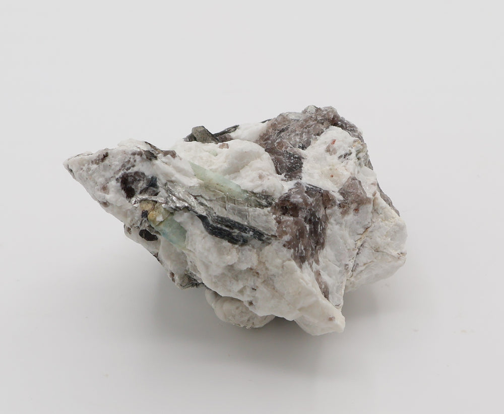 Aquamarine and Bi-Colour Beryl with Mica on Smoky Quartz and Feldspar