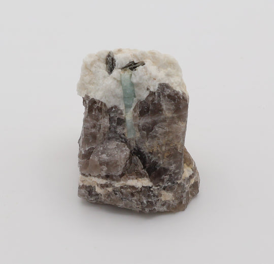 Aquamarine with Mica on Smoky Quartz and Feldspar