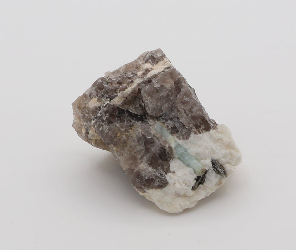 Aquamarine with Mica on Smoky Quartz and Feldspar