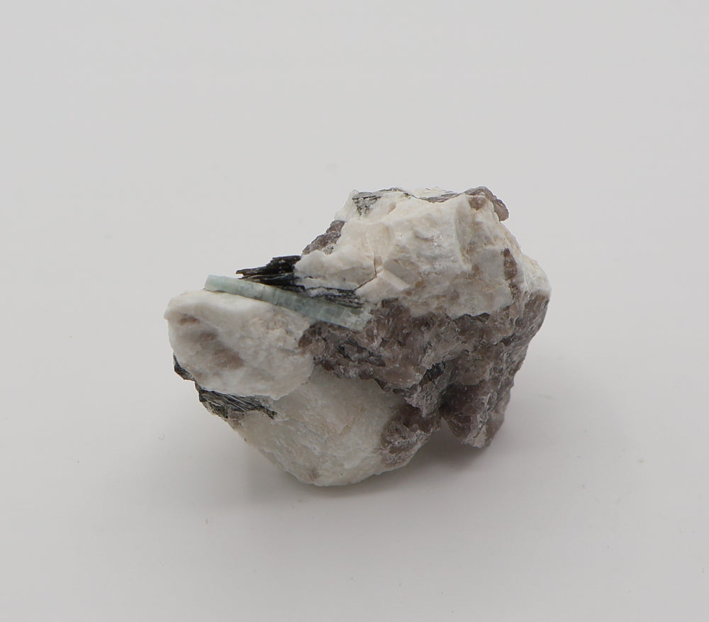 Aquamarine with Mica on Smoky Quartz and Feldspar