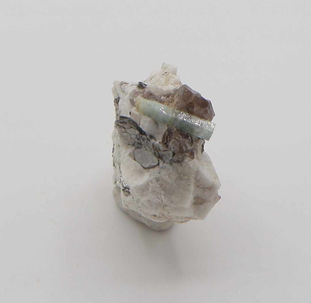 Aquamarine with Mica on Smoky Quartz and Feldspar