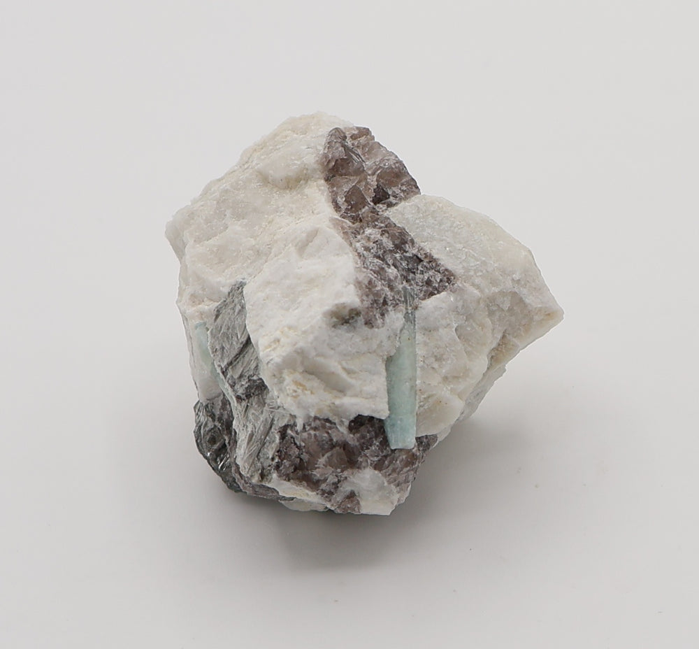 Aquamarine with Mica on Smoky Quartz and Feldspar