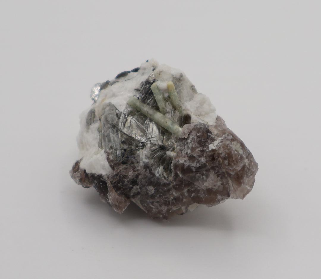 Heliodor Capped Aquamarine Cluster with Mica on Smoky Quartz and Feldspar