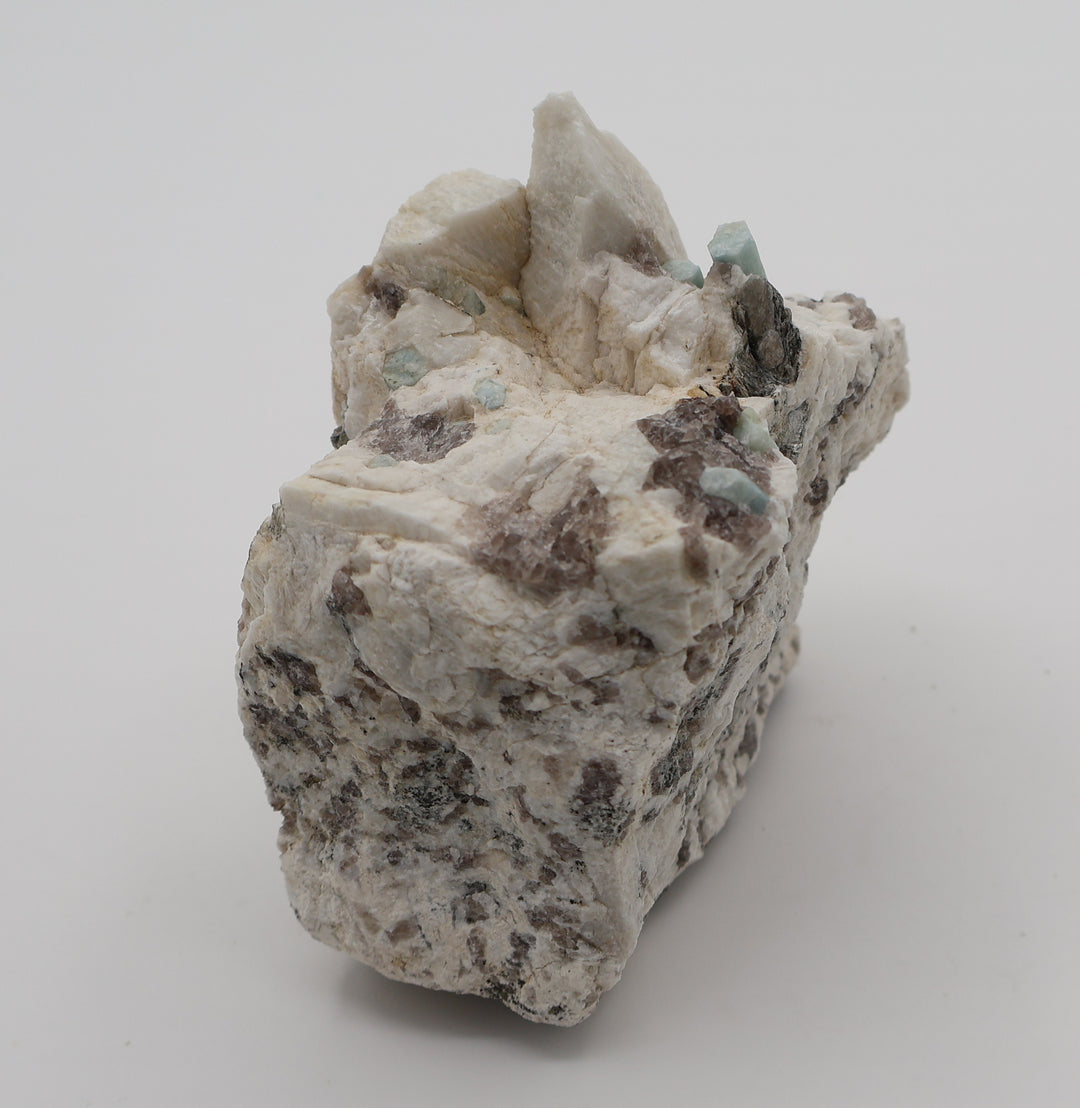 Aquamarine with Mica on Smoky Quartz and Feldspar