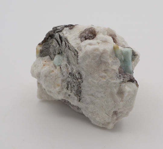 Aquamarine with Mica on Smoky Quartz and Feldspar