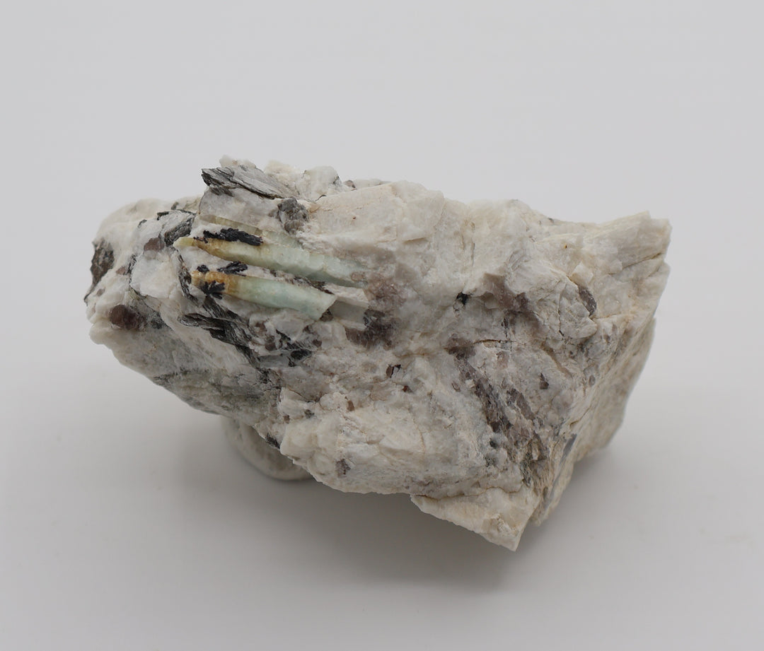 Heliodor Capped Aquamarines with Mica, Hematite, Smoky Quartz, on Feldspar