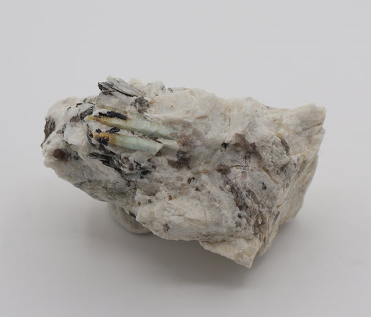 Heliodor Capped Aquamarines with Mica, Hematite, Smoky Quartz, on Feldspar