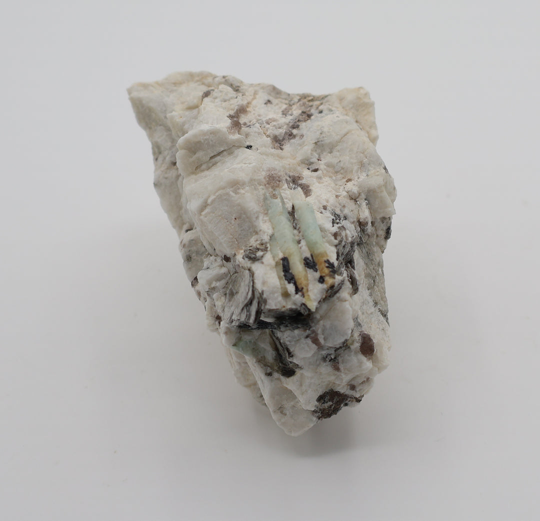 Heliodor Capped Aquamarines with Mica, Hematite, Smoky Quartz, on Feldspar