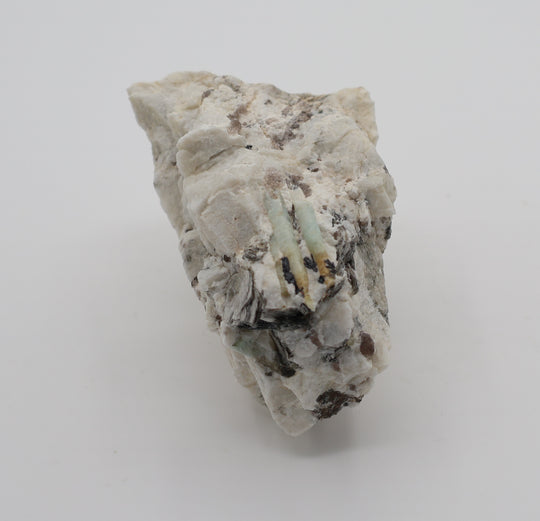 Heliodor Capped Aquamarines with Mica, Hematite, Smoky Quartz, on Feldspar