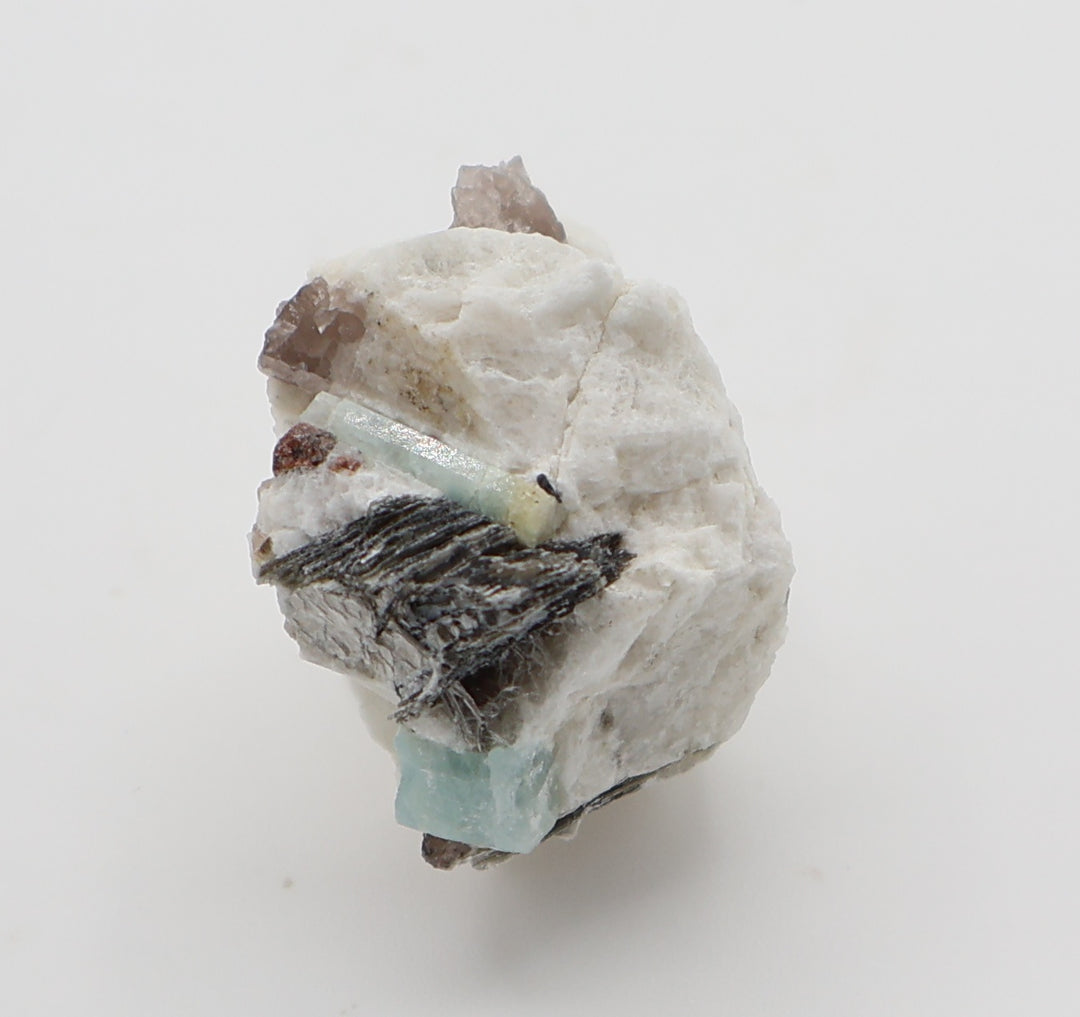 Heliodor Capped Aquamarine with Spessartine Garnet, Mica, on Smoky Quartz and Feldspar
