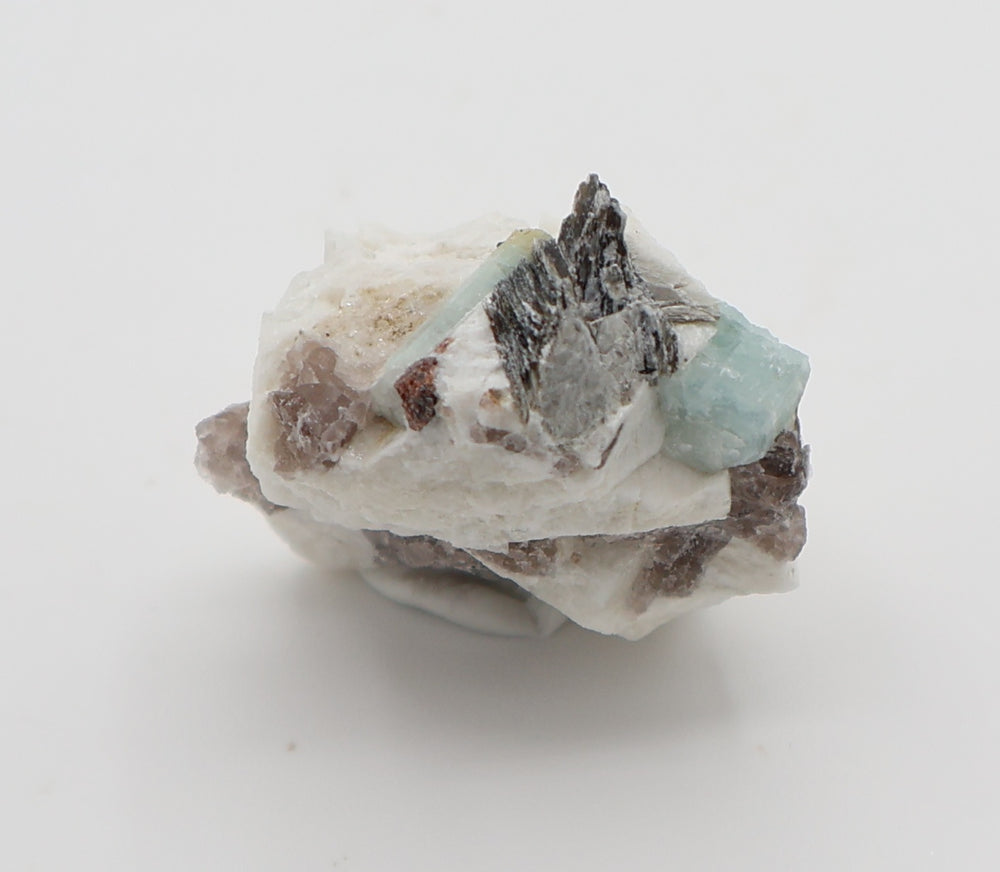 Heliodor Capped Aquamarine with Spessartine Garnet, Mica, on Smoky Quartz and Feldspar